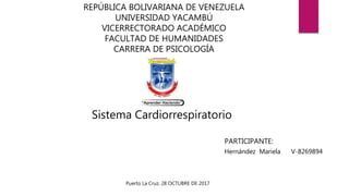 REPÚBLICA BOLIVARIANA DE VENEZUELA
UNIVERSIDAD YACAMBÚ
VICERRECTORADO ACADÉMICO
FACULTAD DE HUMANIDADES
CARRERA DE PSICOLOGÍA
Sistema Cardiorrespiratorio
Hernández Mariela V-8269894
Puerto La Cruz, 28 OCTUBRE DE 2017
PARTICIPANTE:
 