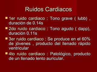 Ruidos Cardiacos 1er ruido cardiaco :  Tono grave ( lubb) , duración de 0.14s 2do ruido cardiaco :  Tono agudo ( dapp), duración 0.11s 3er ruido cardiaco :  Se produce en el 60% de jóvenes , producto del llenado rápido ventricular 4to ruido cardiaco :  Patológico, producto de un llenado lento auricular. 