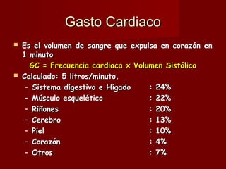 Gasto Cardiaco Es el volumen de sangre que expulsa en corazón en 1 minuto GC = Frecuencia cardiaca x Volumen Sistólico Calculado: 5 litros/minuto. Sistema digestivo e Hígado : 24% Músculo esquelético : 22% Riñones : 20% Cerebro : 13% Piel : 10% Corazón : 4% Otros : 7% 