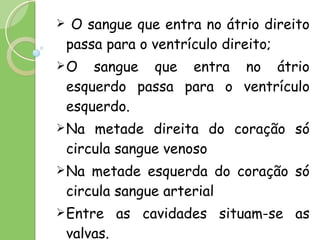 O sangue que entra no átrio direito passa para o ventrículo direito; O sangue que entra no átrio esquerdo passa para o ventrículo esquerdo. Na metade direita do coração só circula sangue venoso Na metade esquerda do coração só circula sangue arterial Entre as cavidades situam-se as valvas.  