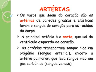 ARTÉRIAS Os vasos que saem do coração são as  artérias  de paredes grossas e elásticas levam o sangue do coração para os tecidos do corpo. A principal artéria é a  aorta , que sai do ventrículo esquerdo do coração. As artérias transportam sangue rico em oxigênio (sangue arterial), exceto a artéria pulmonar, que leva sangue rico em gás carbônico (sangue venoso). 