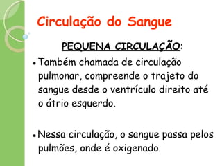 Circulação do Sangue PEQUENA CIRCULAÇÃO : ● Também chamada de circulação pulmonar, compreende o trajeto do sangue desde o ventrículo direito até o átrio esquerdo.  ● Nessa circulação, o sangue passa pelos pulmões, onde é oxigenado. 