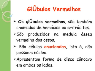 Glóbulos Vermelhos Os glóbulos vermelhos , são também chamados de hemácias ou eritrócitos. São produzidos na medula óssea vermelha dos ossos. São células  anucleadas , isto é, não possuem núcleo. Apresentam forma de disco côncavo em ambos os lados. 