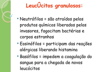 Leucócitos granulosos: Neutrófilos = são atraídos pelos produtos químicos liberados pelos invasores, fagocitam bactérias e corpos estranhos Eosinófilos = participam das reações alérgicas liberando histamina Basófilos = impedem a coagulação do sangue para a chegada de novos leucócitos 