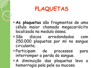 PLAQUETAS As plaquetas  são fragmentos de uma célula maior chamada megacariócito localizada na medula óssea; São discos arredondados com 250.000 plaquetas por ml no sangue circulante; Participam de processos para interromper a perda do sangue. A diminuição das plaquetas leva a hemorragia pela pele ou mucosa 