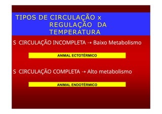TIPOS DE CIRCULAÇÃO x
REGULAÇÃO DA
TEMPERATURA
S CIRCULAÇÃO INCOMPLETA ➝ Baixo Metabolismo
ANIMAL ECTOTÉRMICO
S CIRCULAÇÃO COMPLETA ➝ Alto metabolismo
ANIMAL ENDOTÉRMICO
 