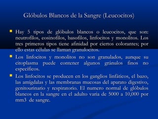 Glóbulos Blancos de la Sangre (Leucocitos)Glóbulos Blancos de la Sangre (Leucocitos)
 Hay 5 tipos de glóbulos blancos o leucocitos, que son:Hay 5 tipos de glóbulos blancos o leucocitos, que son:
neutrofilos, eosinofilos, basofilos, linfocitos y monolitos. Losneutrofilos, eosinofilos, basofilos, linfocitos y monolitos. Los
tres primeros tipos tiene afinidad por ciertos colorantes; portres primeros tipos tiene afinidad por ciertos colorantes; por
ello estas células se llaman granulocitos.ello estas células se llaman granulocitos.
 Los linfocitos y monolitos no son granulados, aunque suLos linfocitos y monolitos no son granulados, aunque su
citoplasma puede contener algunos gránulos finos nocitoplasma puede contener algunos gránulos finos no
específicos.específicos.
 Los linfocitos se producen en los ganglios linfáticos, el bazo,Los linfocitos se producen en los ganglios linfáticos, el bazo,
las amígdalas y las membranas mucosas del aparato digestivo,las amígdalas y las membranas mucosas del aparato digestivo,
genitourinario y respiratorio. El numero normal de glóbulosgenitourinario y respiratorio. El numero normal de glóbulos
blancos en la sangre en el adulto varia de 5000 a 10,000 porblancos en la sangre en el adulto varia de 5000 a 10,000 por
mm3 de sangre.mm3 de sangre.
 