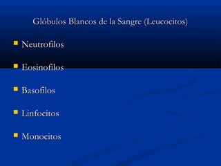 Glóbulos Blancos de la Sangre (Leucocitos)Glóbulos Blancos de la Sangre (Leucocitos)
 NeutrofilosNeutrofilos
 EosinofilosEosinofilos
 BasofilosBasofilos
 LinfocitosLinfocitos
 MonocitosMonocitos
 