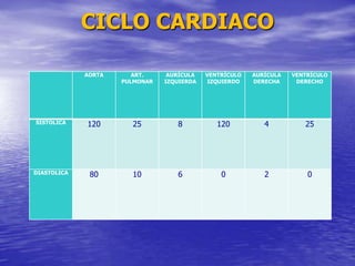 CICLO CARDIACO
AORTA ART.
PULMONAR
AURÍCULA
IZQUIERDA
VENTRÍCULO
IZQUIERDO
AURÍCULA
DERECHA
VENTRÍCULO
DERECHO
SISTOLICA 120 25 8 120 4 25
DIASTOLICA 80 10 6 0 2 0
 