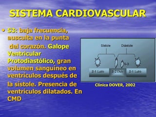 SISTEMA CARDIOVASCULAR
• S3: baja frecuencia,
ausculta en la punta
del corazón. Galope
Ventricular
Protodiastólico, gran
volumen sanguíneo en
ventrículos después de
la sístole. Presencia de
ventrículos dilatados. En
CMD
Clínica DOVER, 2002
 