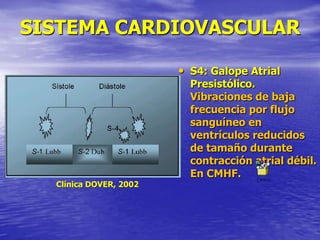 SISTEMA CARDIOVASCULAR
• S4: Galope Atrial
Presistólico.
Vibraciones de baja
frecuencia por flujo
sanguíneo en
ventrículos reducidos
de tamaño durante
contracción atrial débil.
En CMHF.
Clínica DOVER, 2002
 