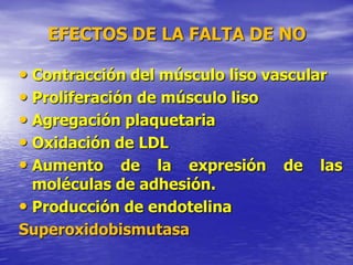 EFECTOS DE LA FALTA DE NO
• Contracción del músculo liso vascular
• Proliferación de músculo liso
• Agregación plaquetaria
• Oxidación de LDL
• Aumento de la expresión de las
moléculas de adhesión.
• Producción de endotelina
Superoxidobismutasa
 