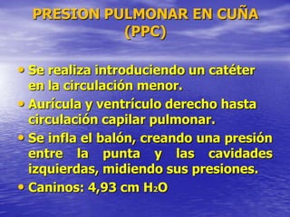 PRESION PULMONAR EN CUÑA
(PPC)
• Se realiza introduciendo un catéter
en la circulación menor.
• Aurícula y ventrículo derecho hasta
circulación capilar pulmonar.
• Se infla el balón, creando una presión
entre la punta y las cavidades
izquierdas, midiendo sus presiones.
• Caninos: 4,93 cm H2O
 