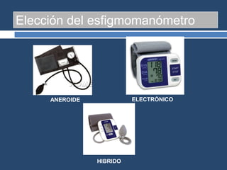 Elección del esfigmomanómetro
ANEROIDE ELECTRÓNICO
HIBRIDO
 