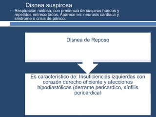 Es característico de: Insuficiencias izquierdas con
corazón derecho eficiente y afecciones
hipodiastólicas (derrame pericardico, sínfilis
pericardica)
La posición decúbito intensifica la estasis pulmonar
lo que somete al corazón derecho a un mayor
estímulo funcional que no puede ser seguido por el
ventrículo izquierdo insuficiente.
Disnea de Reposo
Presente durante el reposo, se alivia al pasar a la
posición sentada.
Disnea suspirosa
 Respiración ruidosa, con presencia de suspiros hondos y
repetidos entrecortados. Aparece en: neurosis cardiaca y
síndrome o crisis de pánico.
 