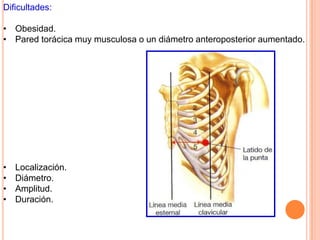 Dificultades:
• Obesidad.
• Pared torácica muy musculosa o un diámetro anteroposterior aumentado.
• Localización.
• Diámetro.
• Amplitud.
• Duración.
 