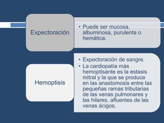 • Puede ser mucosa,
albuminosa, purulenta o
hemática.
Expectoración
• Expectoración de sangre.
• La cardiopatía más
hemoptisante es la estasis
mitral y la que se produce
en las anastomosis entre las
pequeñas ramas tributarias
de las venas pulmonares y
las hilares, afluentes de las
venas ácigos.
Hemoptisis
 