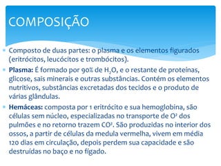  Composto de duas partes: o plasma e os elementos figurados
(eritrócitos, leucócitos e trombócitos).
 Plasma: É formado por 90% de H2O, e o restante de proteínas,
glicose, sais minerais e outras substâncias. Contém os elementos
nutritivos, substâncias excretadas dos tecidos e o produto de
várias glândulas.
 Hemáceas: composta por 1 eritrócito e sua hemoglobina, são
células sem núcleo, especializadas no transporte de O² dos
pulmões e no retorno trazem CO². São produzidas no interior dos
ossos, a partir de células da medula vermelha, vivem em média
120 dias em circulação, depois perdem sua capacidade e são
destruídas no baço e no fígado.
COMPOSIÇÃO
 