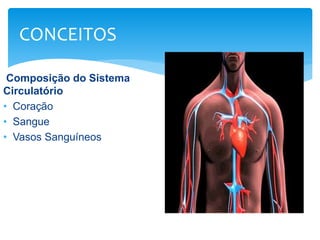 Composição do Sistema
Circulatório
• Coração
• Sangue
• Vasos Sanguíneos
CONCEITOS
 