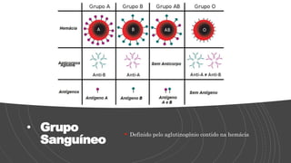 • Grupo
Sanguíneo
 Definido pelo aglutinogênio contido na hemácia
Aglutina
 