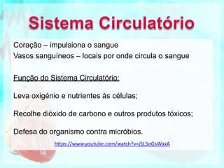 Coração – impulsiona o sangue
Vasos sanguíneos – locais por onde circula o sangue
Função do Sistema Circulatório:
Leva oxigénio e nutrientes às células;
Recolhe dióxido de carbono e outros produtos tóxicos;
Defesa do organismo contra micróbios.
https://www.youtube.com/watch?v=j5L5oGsWaxA
 