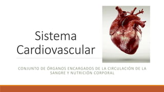 Sistema
Cardiovascular
CONJUNTO DE ÓRGANOS ENCARGADOS DE LA CIRCULACIÓN DE LA
SANGRE Y NUTRICIÓN CORPORAL
 