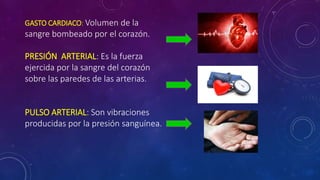 GASTO CARDIACO: Volumen de la
sangre bombeado por el corazón.
PRESIÓN ARTERIAL: Es la fuerza
ejercida por la sangre del corazón
sobre las paredes de las arterias.
PULSO ARTERIAL: Son vibraciones
producidas por la presión sanguínea.
 
