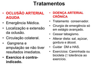 Tratamentos
• OCLUSÃO ARTERIAL
AGUDA
• Emergência Médica.
• Localização e extensão
da oclusão.
• Circulação colateral.
• Gangrena e
amputação se não tiver
resultados imediatos.
• Exercíco é contra-
indicado.
• DOENÇA ARTERIAL
CRÔNICA
• Tratamento conservador.
• Cirurgia de emergência só
em estágio avançado.
• Cessar tabagismo.
• Alterar dieta: sal, açúcar,
gordura e álcool.
• Cuidar DM e HAS.
• Exercícios: Caminhada ou
bicicleta (↑ tolerância ao
exercício.
 
