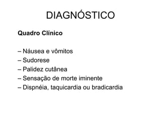 DIAGNÓSTICO
Quadro Clínico
– Náusea e vômitos
– Sudorese
– Palidez cutânea
– Sensação de morte iminente
– Dispnéia, taquicardia ou bradicardia
 