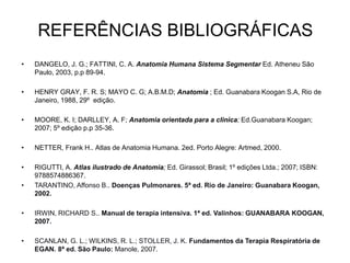 REFERÊNCIAS BIBLIOGRÁFICAS
• DANGELO, J. G.; FATTINI, C. A. Anatomia Humana Sistema Segmentar Ed. Atheneu São
Paulo, 2003, p.p 89-94.
• HENRY GRAY, F. R. S; MAYO C. G; A.B.M.D; Anatomia ; Ed. Guanabara Koogan S.A, Rio de
Janeiro, 1988, 29º edição.
• MOORE, K. I; DARLLEY, A. F; Anatomia orientada para a clinica; Ed.Guanabara Koogan;
2007; 5º edição p.p 35-36.
• NETTER, Frank H.. Atlas de Anatomia Humana. 2ed. Porto Alegre: Artmed, 2000.
• RIGUTTI, A. Atlas ilustrado de Anatomia; Ed. Girassol; Brasil; 1º edições Ltda.; 2007; ISBN:
9788574886367.
• TARANTINO, Affonso B.. Doenças Pulmonares. 5ª ed. Rio de Janeiro: Guanabara Koogan,
2002.
• IRWIN, RICHARD S.. Manual de terapia intensiva. 1ª ed. Valinhos: GUANABARA KOOGAN,
2007.
• SCANLAN, G. L.; WILKINS, R. L.; STOLLER, J. K. Fundamentos da Terapia Respiratória de
EGAN. 8ª ed. São Paulo: Manole, 2007.
 