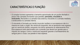 CARACTERÍSTICAS E FUNÇÃO
• O coração humano apresenta o tamanho aproximado de um punho fechado e
possui três camadas formando suas paredes: pericárdio, miocárdio e
endocárdio. Pericárdio é a camada mais externa, miocárdio é a camada mediana,
e endocárdio é a camada interna.
• O miocárdio é formado por tecido muscular cardíaco e sua espessura não é a
mesma em todo o órgão. No ventrículo esquerdo, ele se apresenta mais espesso
que no ventrículo direito, enquanto nos átrios apresenta-se relativamente fino.
Essa espessura está relacionada com a pressão que deverá ser gerada para o
impulso do sangue. Como o ventrículo esquerdo garante o bombeamento do
sangue para o corpo, sua parede é mais espessa.
 