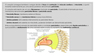 O coração consegue bombear o sangue devido à força de contração do músculo cardíaco, o miocárdio, o qual é
revestido externamente por uma serosa protetora denominada pericárdio.
O coração está dentro de um saco fibrosseroso chamado de pericárdio. O pericárdio é formado por duas
membranas denominadas pericárdio fibroso e pericárdio seroso.
 Pericárdio fibroso: membrana externa é fibrosa.
 Pericárdio seroso é a membrana interna e possui duas lâminas.
◦ Lâmina parietal: está aderida internamente ao pericárdio fibroso
◦ Lâmina visceral está aderida ao miocárdio, podendo também ser denominada epicárdio.
Entre as duas lâmina/camada do pericárdio existe a cavidade pericárdica, preenchida pelo líquido pericárdico, o
qual possibilita o deslizamento de uma camada sobre a outra no momento dos batimentos cardíacos.
 