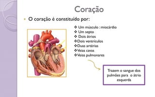 Coração
 O coração é constituído por:
 Um músculo : miocárdio
 Um septo
 Dois átrios
Dois ventrículos
Duas artérias
Veias cavas
Veias pulmonares
Trazem o sangue dos
pulmões para o átrio
esquerda
 
