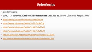 ▪ Google Imagens;
▪ SOBOTTA, Johannes. Atlas de Anatomia Humana. 21ed. Rio de Janeiro: Guanabara Koogan, 2000.
▪ https://www.youtube.com/watch?v=ylxXA0liOTs
▪ https://www.youtube.com/watch?v=03pSdJIsZUg
▪ https://www.youtube.com/watch?v=lAh7oKy10vM
▪ https://www.youtube.com/watch?v=lAh7oKy10vM
▪ http://pt.slideshare.net/carlagmrs/sistema-circulatrio-3775301
▪ http://www.auladeanatomia.com/cardiovascular/coracao.htm
 