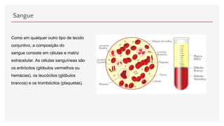 Sangue
Como em qualquer outro tipo de tecido
conjuntivo, a composição do
sangue consiste em células e matriz
extracelular. As células sanguíneas são
os eritrócitos (glóbulos vermelhos ou
hemácias), os leucócitos (glóbulos
brancos) e os trombócitos (plaquetas).
 