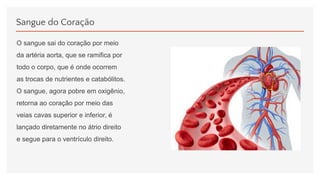 Sangue do Coração
O sangue sai do coração por meio
da artéria aorta, que se ramifica por
todo o corpo, que é onde ocorrem
as trocas de nutrientes e catabólitos.
O sangue, agora pobre em oxigênio,
retorna ao coração por meio das
veias cavas superior e inferior, é
lançado diretamente no átrio direito
e segue para o ventrículo direito.
 