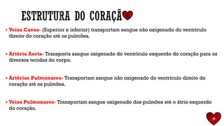 ▪ Veias Cavas- (Superior e inferior) transportam sangue não oxigenado do ventrículo
direito do coração até os pulmões.
▪ Artéria Aorta- Transporta sangue oxigenado do ventrículo esquerdo do coração para os
diversos tecidos do corpo.
▪ Artérias Pulmonares- Transportam sangue não oxigenado do ventrículo direito do
coração até os pulmões.
▪ Veias Pulmonares- Transportam sangue oxigenado dos pulmões até o átrio esquerdo
do coração.
10
 