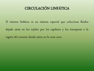 CIRCULACIÓN LINFÁTICA
El sistema linfático es un sistema especial que colecciona fluidos
dejado atrás en los tejidos por los capilares y los transporta a la
región del corazón dónde entra en la vena cava.
 