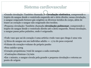 Sistema cardiovascular
•Grande circulação: Também chamada de circulação sistêmica, compreende o
trajeto do sangue desde o ventrículo esquerdo até o átrio direito; nessa circulação,
o sangue oxigenado fornece gás oxigênio os diversos tecidos do corpo, além de
trazer ao coração o sangue não oxigenado dos tecidos.
•Pequena circulação: Também chamada circulação pulmonar, compreende o
trajeto do sangue desde o ventrículo direito até o átrio esquerdo. Nessa circulação,
o sangue passa pelos pulmões, onde é oxigenado.
•Todo vaso que sai do coração é uma artéria e todo vaso que chega é uma veia
•5 litros de sangue em um indivíduo adulto =~ 1/12 do peso corporal
•Volume do coração=volume do próprio punho
•Peso médio=300g
•Coração propulsiona 70ml de sangue a cada contração
•Contrações rítmicas=72/min
•Em 1 minuto, o sangue circula pela grande e pequena circulação e retorna ao
ponto de origem
 