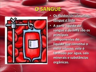 O SANGUE Os fluidos circulatórios:  sangue e linfa A parte líquida do sangue e da linfa são os principais componentes do líquido que constitui o meio interno, este é formado por água, sais minerais e substâncias orgânicas.  