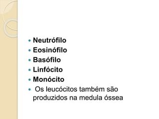  Neutrófilo
 Eosinófilo
 Basófilo
 Linfócito
 Monócito
 Os leucócitos também são
produzidos na medula óssea
 