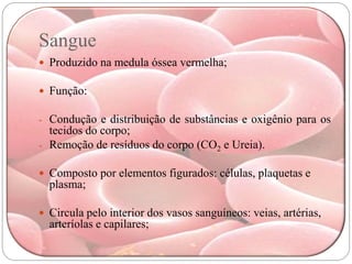 Sangue
 Produzido na medula óssea vermelha;

 Função:

- Condução e distribuição de substâncias e oxigênio para os
  tecidos do corpo;
- Remoção de resíduos do corpo (CO2 e Ureia).

 Composto por elementos figurados: células, plaquetas e
  plasma;

 Circula pelo interior dos vasos sanguíneos: veias, artérias,
  arteríolas e capilares;
 