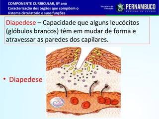 Diapedese – Capacidade que alguns leucócitos
(glóbulos brancos) têm em mudar de forma e
atravessar as paredes dos capilare...