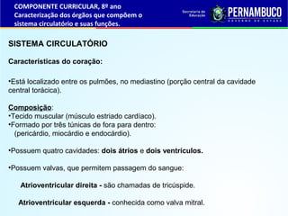 SISTEMA CIRCULATÓRIO
Características do coração:
•Está localizado entre os pulmões, no mediastino (porção central da cavidade
central torácica).
Composição:
•Tecido muscular (músculo estriado cardíaco).
•Formado por três túnicas de fora para dentro:
(pericárdio, miocárdio e endocárdio).
•Possuem quatro cavidades: dois átrios e dois ventrículos.
•Possuem valvas, que permitem passagem do sangue:
Atrioventricular direita - são chamadas de tricúspide.
Atrioventricular esquerda - conhecida como valva mitral.
COMPONENTE CURRICULAR, 8º ano
Caracterização dos órgãos que compõem o
sistema circulatório e suas funções.
 