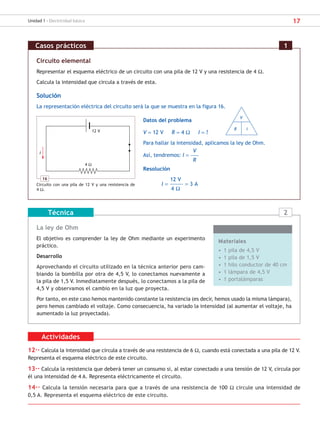 17
Unidad 1 - Electricidad básica
Actividades
12·· Calcula la intensidad que circula a través de una resistencia de 6 Ω, cuando está conectada a una pila de 12 V.
Representa el esquema eléctrico de este circuito.
13·· Calcula la resistencia que deberá tener un consumo si, al estar conectado a una tensión de 12 V, circula por
él una intensidad de 4 A. Representa eléctricamente el circuito.
14·· Calcula la tensión necesaria para que a través de una resistencia de 100 Ω circule una intensidad de
0,5 A. Representa el esquema eléctrico de este circuito.
La ley de Ohm
El objetivo es comprender la ley de Ohm mediante un experimento
práctico.
Desarrollo
Aprovechando el circuito utilizado en la técnica anterior pero cam-
biando la bombilla por otra de 4,5 V, lo conectamos nuevamente a
la pila de 1,5 V. Inmediatamente después, lo conectamos a la pila de
4,5 V y observamos el cambio en la luz que proyecta.
Por tanto, en este caso hemos mantenido constante la resistencia (es decir, hemos usado la misma lámpara),
pero hemos cambiado el voltaje. Como consecuencia, ha variado la intensidad (al aumentar el voltaje, ha
aumentado la luz proyectada).
Técnica
Materiales
• 1 pila de 4,5 V
• 1 pila de 1,5 V
• 1 hilo conductor de 40 cm
• 1 lámpara de 4,5 V
• 1 portalámparas
2
Circuito elemental
Representar el esquema eléctrico de un circuito con una pila de 12 V y una resistencia de 4 Ω.
Calcula la intensidad que circula a través de esta.
Solución
La representación eléctrica del circuito será la que se muestra en la figura 16.
Datos del problema
V = 12 V R = 4 Ω I = ?
Para hallar la intensidad, aplicamos la ley de Ohm.
Así, tendremos: I =
V
R
Resolución
12 V
I = = 3 A
4 Ω
Casos prácticos 1
V
R I
16
Circuito con una pila de 12 V y una resistencia de
4 Ω.
I
12 V
4 Ω
SCA16CAST_unidad01.indd 17
SCA16CAST_unidad01.indd 17 18/03/16 10:25
18/03/16 10:25
 