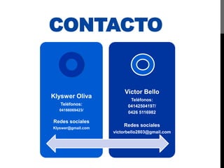 CONTACTO
Klyswer Oliva
Teléfonos:
04166069423/
Redes sociales
Klyswer@gmail.com
Victor Bello
Teléfonos:
04142504197/
0426 5116982
Redes sociales
victorbello2803@gmail.com
 