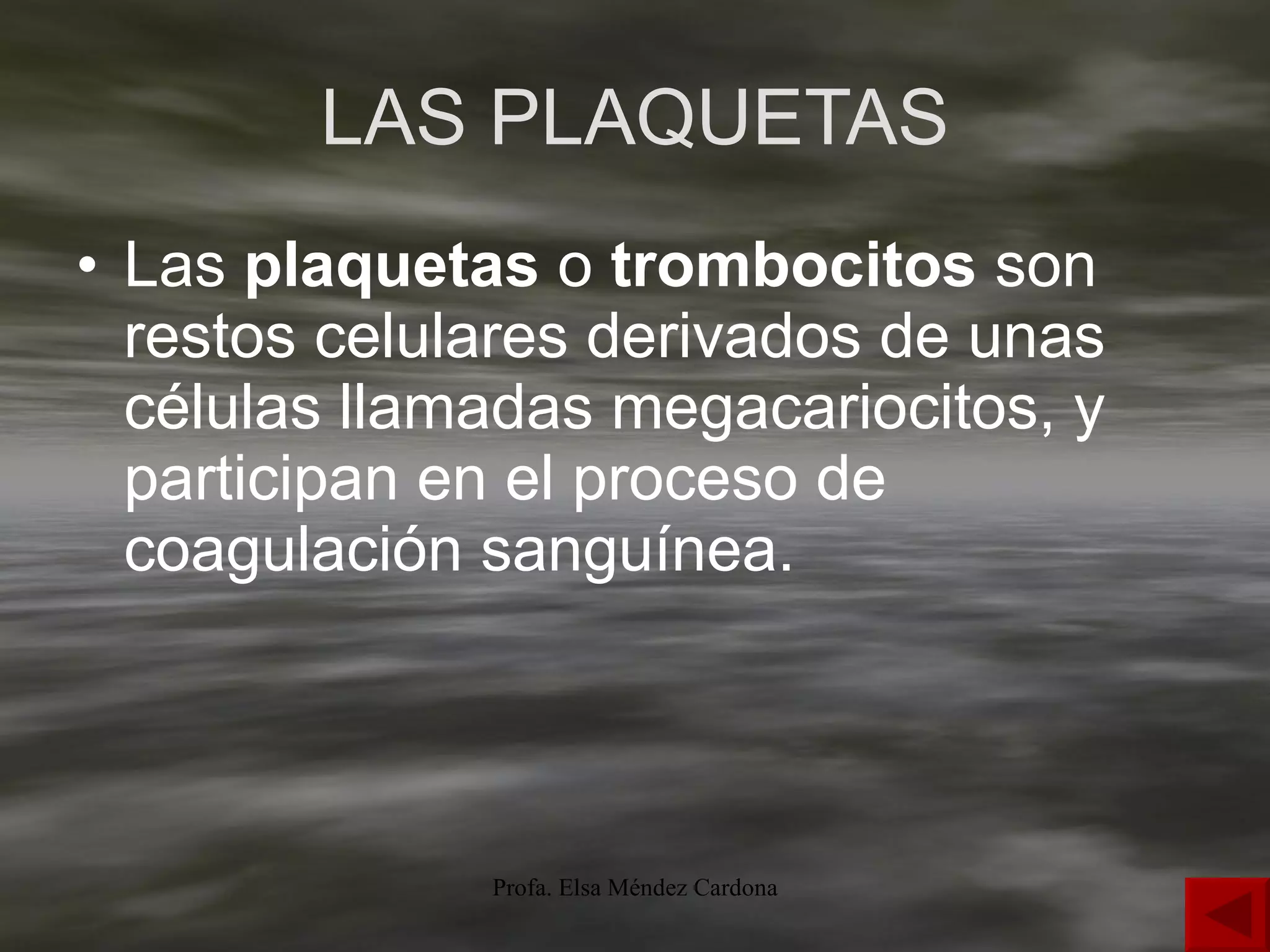 LAS PLAQUETAS Las  plaquetas  o  trombocitos  son restos celulares derivados de unas células llamadas megacariocitos, y participan en el proceso de coagulación sanguínea. 