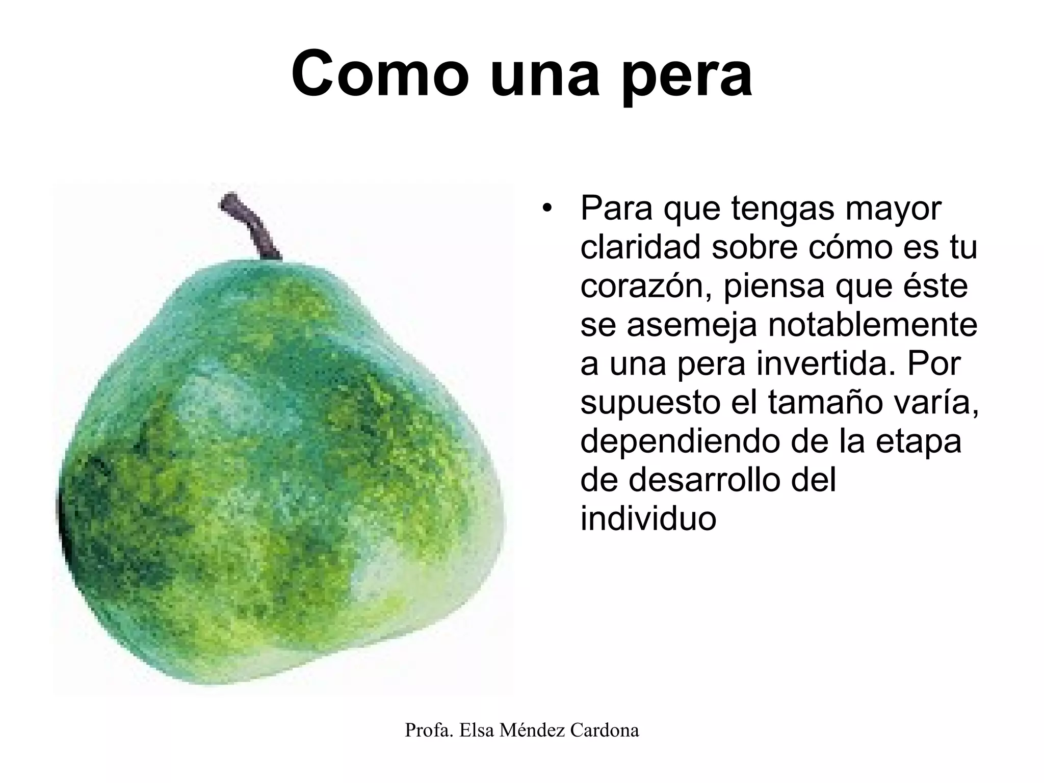 Como una pera Para que tengas mayor claridad sobre cómo es tu corazón, piensa que éste se asemeja notablemente a una pera invertida. Por supuesto el tamaño varía, dependiendo de la etapa de desarrollo del individuo  