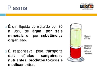 PlasmaÉ um líquido constituído por 90 a 95% de água, porsais minerais e  por substânciasorgânicas.É responsável pelo transporte das células sanguíneas, nutrientes, produtos tóxicos e medicamentos.