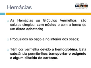 HemáciasAs Hemácias ou Glóbulos Vermelhos, são células simples, sem núcleo e com a forma de um disco achatado;Produzidos no baço e no interior dos ossos;Têm cor vermelha devido à hemoglobina. Esta substância permite-lhes transportar o oxigénio e algum dióxido de carbono.